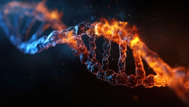 Fiery DNA double helix, vibrant colors,  glowing