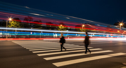 City street at night with pedestrians and blurred car lights.