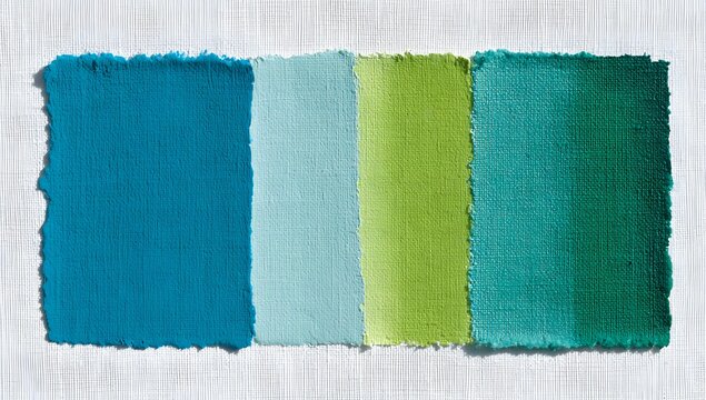Color fabric swatches in blue and green tones arranged on white textile background

