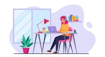 Young woman working from home on laptop, perfect for blog posts about remote work, freelance, or online education.