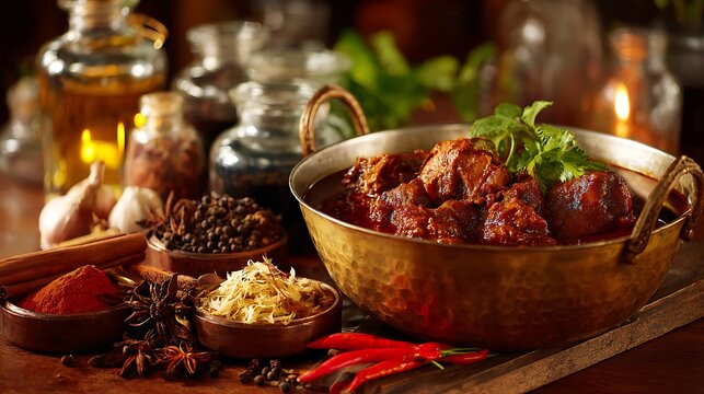 Chicken vindaloo in brass wok with surrounding spices and herbs bold vinegar based curry traditional setup