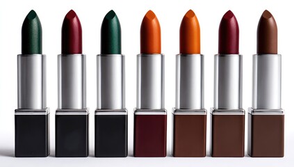 Row of six lipsticks in various autumnal colors, housed in silver tubes and black/dark-toned cases