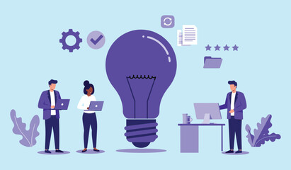 Creative Team Working with Laptops and a Big Lightbulb, Symbolizing Innovation and Collaboration flat vector illustration