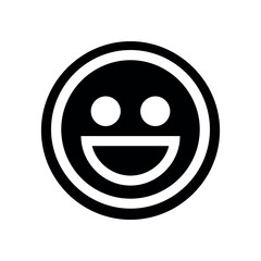 A simple black and white happy face icon with a wide smile and circular eyes inside a circle border