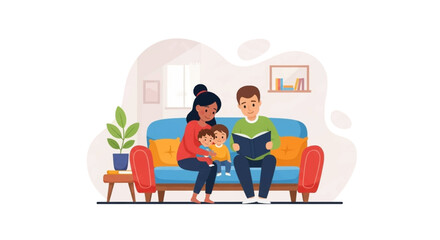 Happy family reading a book together on a couch at home. Perfect for family blogs, children's books, and parenting websites.