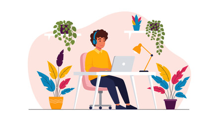 Young man working from home on laptop, perfect for illustrating remote work, freelance, or online business concepts.