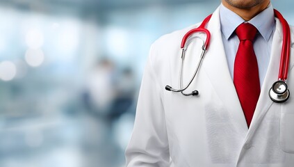 Doctor in white coat with stethoscope standing in modern city street at sunset

