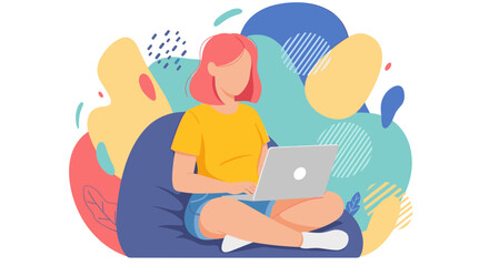 Woman working on laptop, colorful abstract background - perfect for website banners or blog posts.