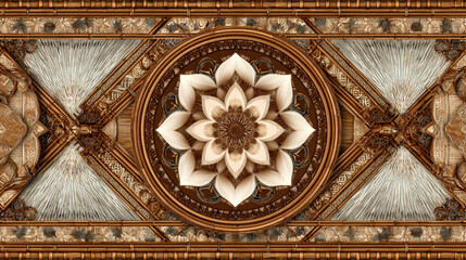 Bamboo  Mandala Inspired Geometric Pattern in Carved Wood Style, 3D Layered Art, natural color