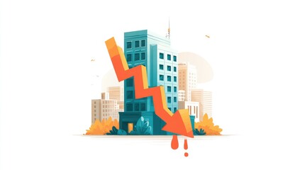 Obraz premium Office building with a falling red arrow, symbolizing downturn