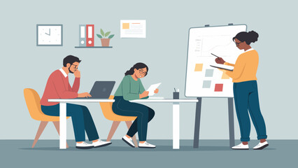 Diverse team brainstorming and presenting data during a business meeting, perfect for website landing pages or brochures.