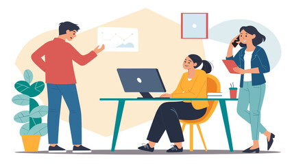 Diverse team collaborating in a modern office setting. Ideal for website banners, brochures, or presentations showcasing teamwork and business success.