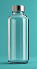 Clear glass bottle with silver cap on teal background (1)