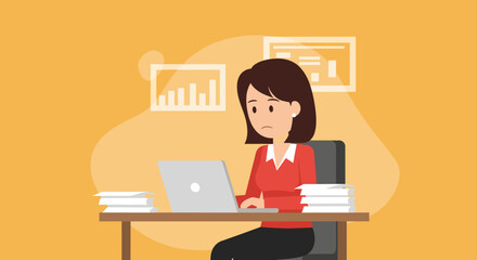 Overwhelmed businesswoman working on laptop, perfect for illustrating stress, deadline pressure, or workload in articles, presentations, or websites.