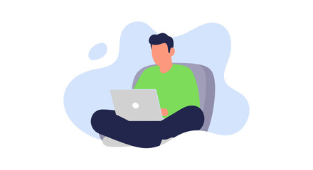 Fototapeta premium Man working on laptop, comfortable home office illustration, perfect for blog posts and websites.