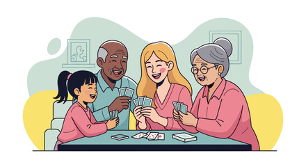 Multigenerational family playing cards together, illustration perfect for family blogs, websites, or brochures.