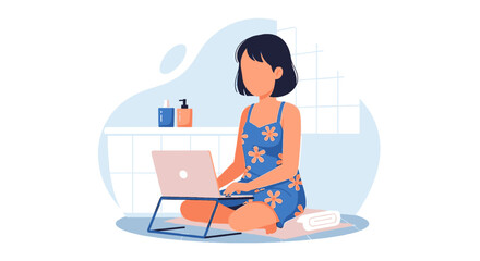 Woman working on laptop in bathroom, perfect for blog post about work-life balance or remote work.