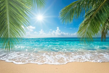 Obraz premium Summer Beach Scene with Sun, Ocean, Palm Leaves, Golden Sand, Waves, and Tropical Vibe