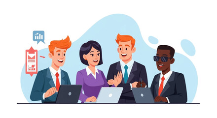 Diverse business team collaborating on laptops, perfect for website banners or presentations.