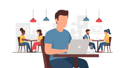 Diverse team working on laptops in a modern co-working space; ideal for website banners or presentations on teamwork.