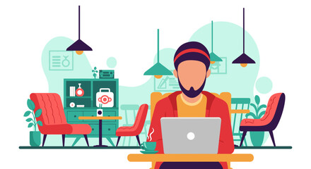 Man working on laptop in modern cafe, perfect for website banners or blog posts about remote work.