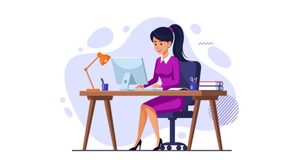 Happy businesswoman working on computer at her desk.  Perfect for websites, blogs, and presentations about business, work, and success.