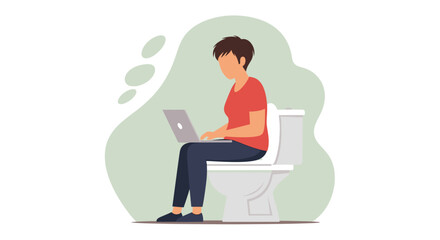 Person working on laptop while sitting on toilet - illustration for articles about work-life balance, remote work challenges, or humorous office situations.