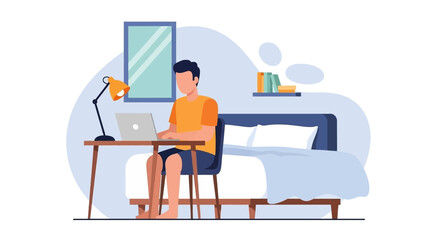 Man working on laptop from bed, illustration for work from home, remote work, or freelance concepts.