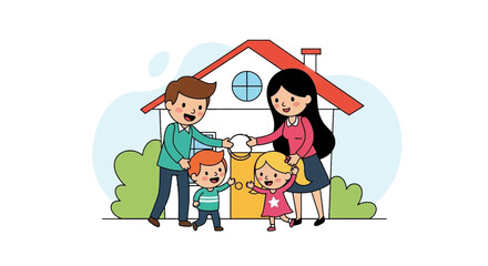 Happy family standing in front of their new house. Perfect for real estate, family blogs, or insurance websites.