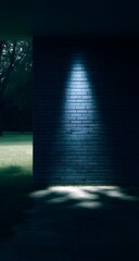 Sunlight casting dramatic shadows on a blue brick wall at the edge of a quiet forest
