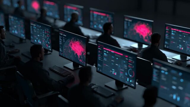 Illustration of cybersecurity in an isometric style showcasing a digital control room with monitors and data visualization