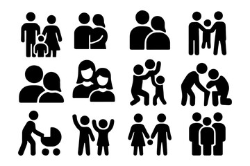 Diverse family icons set: minimalist black silhouettes of people in various poses