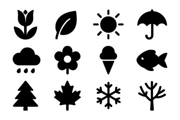 Silhouette icons representing four seasons and nature in bold design