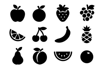 Black fruit icons set featuring diverse silhouettes of various fruits