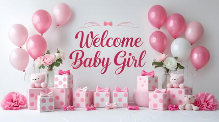 A festive scene with pink balloons, gift boxes, and small flower arrangements celebrating the arrival of a baby girl in a joyful setting. (4K and HD)