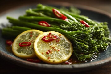Colorful broccolini with sliced lemon and red chili on a dark plate in a cozy setting
