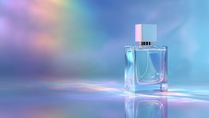 Pastel perfume bottle on a reflective surface with rainbow light effects