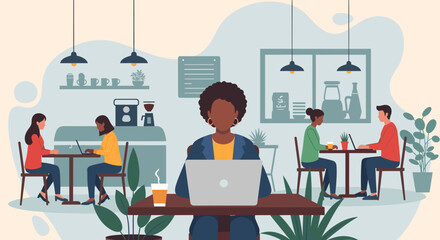 Diverse group of people working on laptops in a modern cafe, perfect for illustrating remote work, coworking spaces, or a tech startup's landing page.