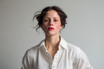 woman with cracked lipstick and teary eyes stands against clean monochromatic background
