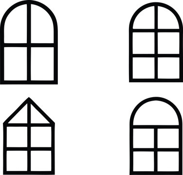 Four stylized architectural window designs with arched and peaked tops
