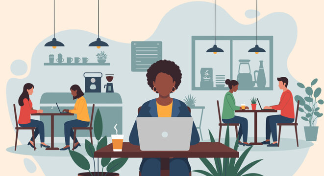 Diverse group of people working on laptops in a modern cafe, perfect for illustrating remote work, coworking spaces, or a tech startup's landing page.