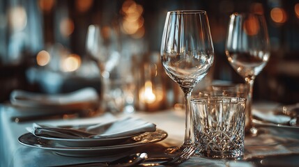 Close up elegant table setting with shallow depth of field wine glasses silverware upscale restaurant decor photography
