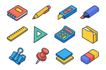 Colorful isometric school and office supplies with trendy outline design