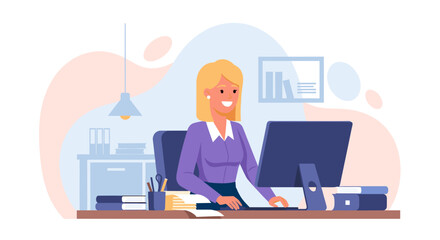 Happy businesswoman working at her computer in a modern office. Ideal for websites, blogs, and presentations related to business, success, and productivity.