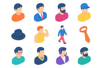 Colorful isometric icons of diverse people and accessories on white background