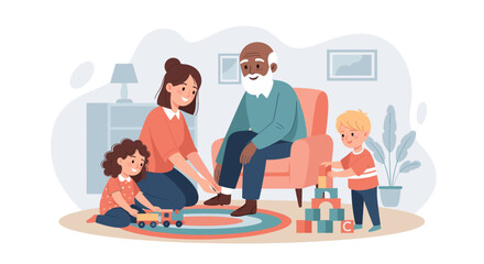 Happy multigenerational family playing together at home. Perfect for family, childcare, and well-being websites and brochures.
