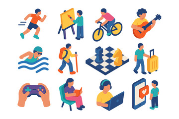 Diverse everyday activities in isometric style: sports, art, travel, tech, and leisure