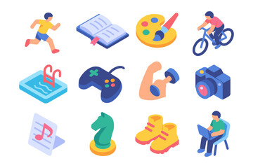 Fototapeta premium Colorful isometric icons for hobbies and activities