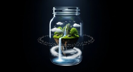Enchanting Miniature Waterfall Ecosystem Captured Within a Glass Jar
