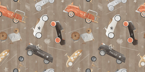 Vintage striped background with toy cars. Wallpaper for children's room. Cute background for wallpaper, fabric, wrapping paper. © bukhavets